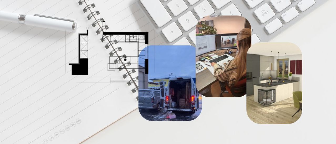 Eine Collage von Bildern, die einen Grundriss, eine Tastatur, eine Frau am Schreibtisch und Lieferwagen zeigt.