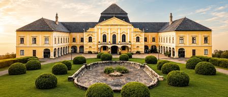 Ein großes gelbes Gebäude mit einem Brunnen im Vordergrund und gepflegten Hecken im Vorgarten.