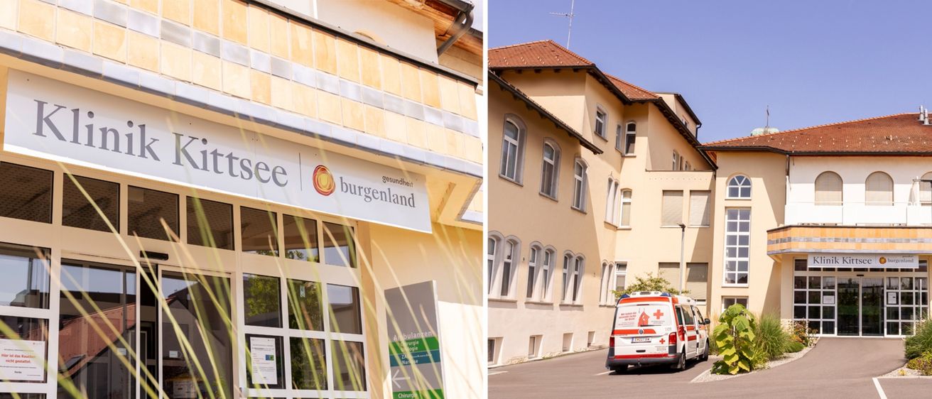 Zwei Bilder zeigen das Äußere eines Krankenhauses. Das erste Bild zeigt den Eingang mit einem Schild für Burgenland. Das zweite Bild zeigt ein Gebäude mit mehreren Fenstern und einem geparkten Krankenwagen.