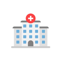 Eine Gebäudeillustration mit blauen Fenstern und einem roten Kreuzsymbol oben, das ein Krankenhaus anzeigt.