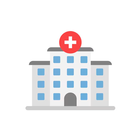 Eine Gebäudeillustration mit blauen Fenstern und einem roten Kreuzsymbol oben, das ein Krankenhaus anzeigt.