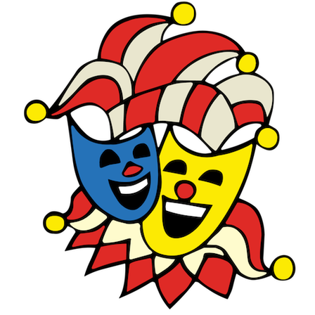 Ein schwarzer Hintergrund mit zwei überlappenden, farbenfrohen Clownmasken, eine blau und eine gelb, beide lächeln.