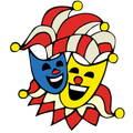 Ein schwarzer Hintergrund mit zwei überlappenden, farbenfrohen Clownmasken, eine blau und eine gelb, beide lächeln.