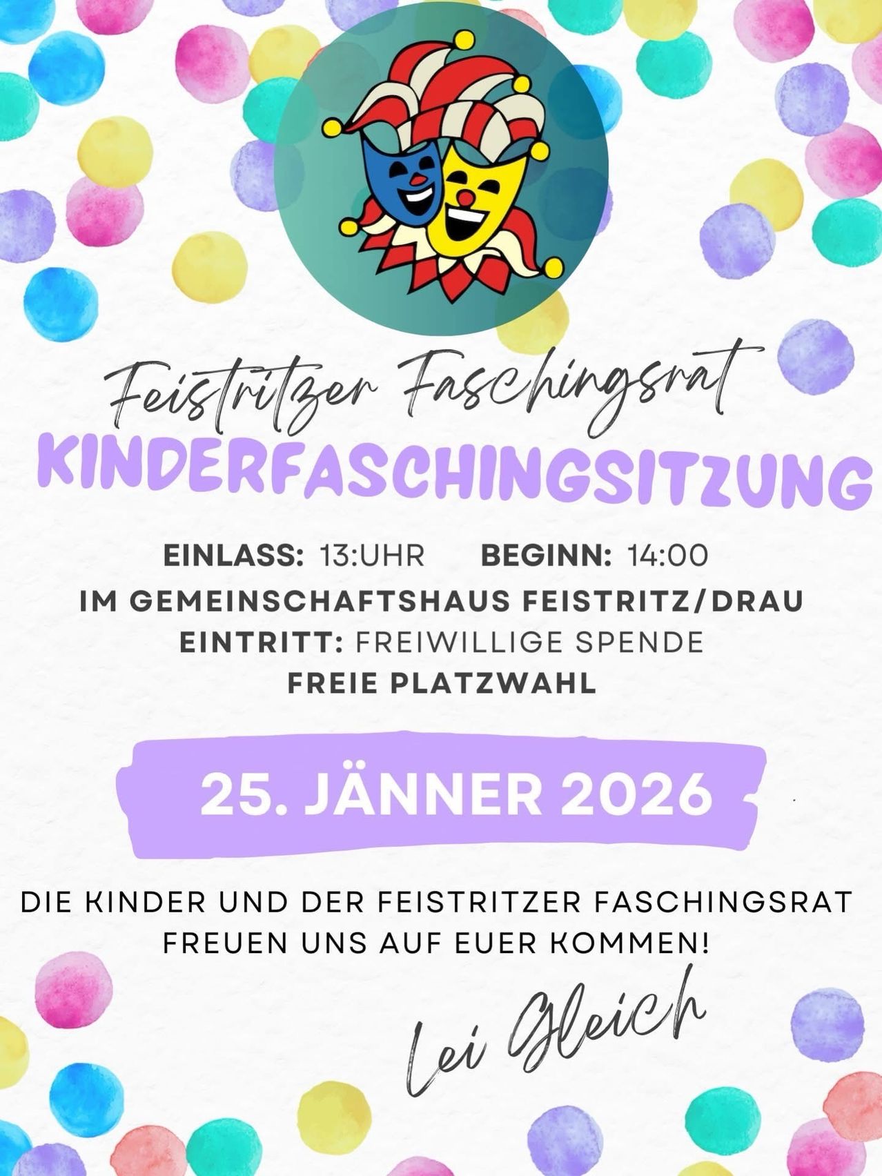Plakat für eine Kinderfaschingsveranstaltung. Es zeigt ein farbenfrohes Design mit bunten Punkten, einer Narrenmaske und dem Titel 'Kinderfaschingssitzung'. Die Veranstaltung findet am 25. Januar 2026 um 14:00 Uhr statt. Der Eintritt ist frei.