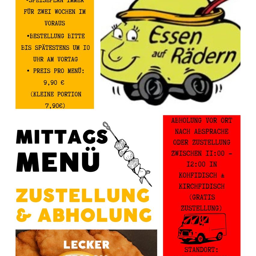 Speiseplan immer für zwei Wochen im Voraus. Reservierung bitte bis spätestens 10 Uhr am Vortag. Preis pro Menü: 9,90€ (kleine Portion 7,90€). Abholung vor Ort nach Absprache oder Zustellung zwischen 12:00 - 12:00 in Kohfidisch & Kirchfidisch (gratis Zustellung).
