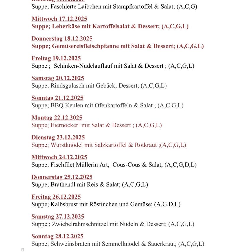 Ein Menü für die Woche mit Suppen und Desserts. Die Daten reichen vom 17. bis 28. Dezember 2025. An jedem Tag werden eine Suppe und ein Dessert aufgelistet. Zutaten umfassen Fleisch, Gemüse und Getreide.