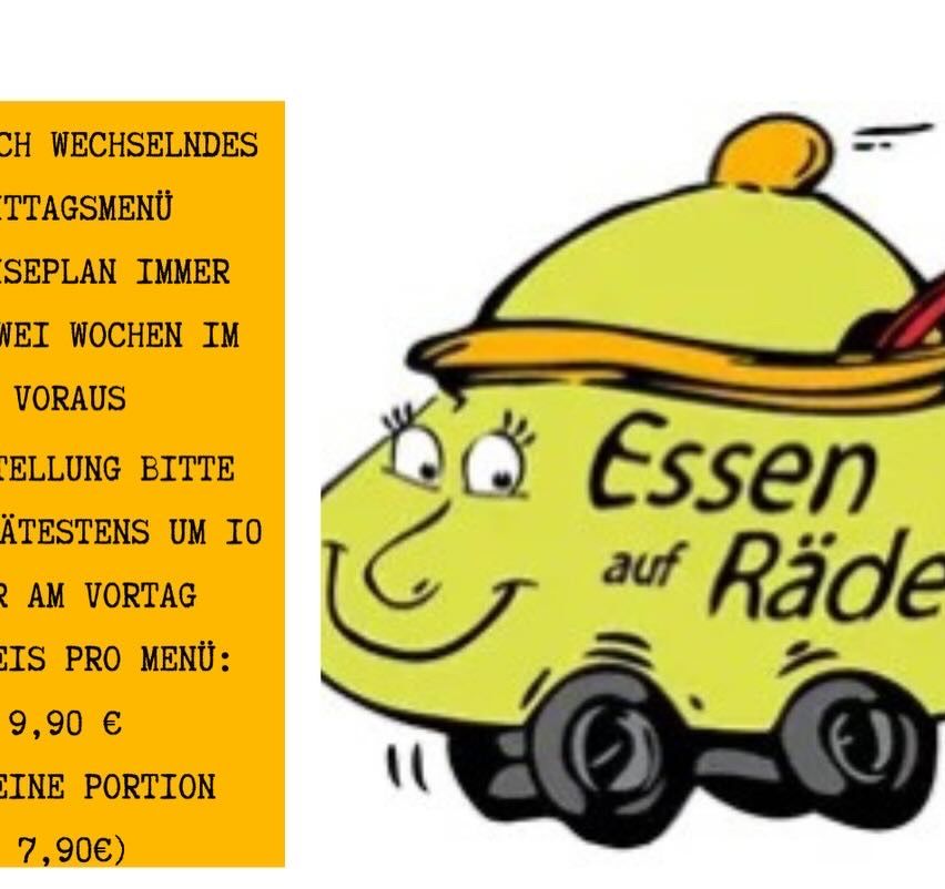 Ein gelber Cartoon-Fahrzeug mit Deckel und lächelndem Gesicht suggeriert einen Menüplan mit einem wöchentlichen Essensplan. Der Text lautet 'Essen auf Rädern pro Menü: 9,90€' und 'Wechselndes Tagesmenü'. Auf der linken Seite steht 'Eplan immer ci Wochen im Voraus' und 'Llung bitte testens um 10 am Vortag'.