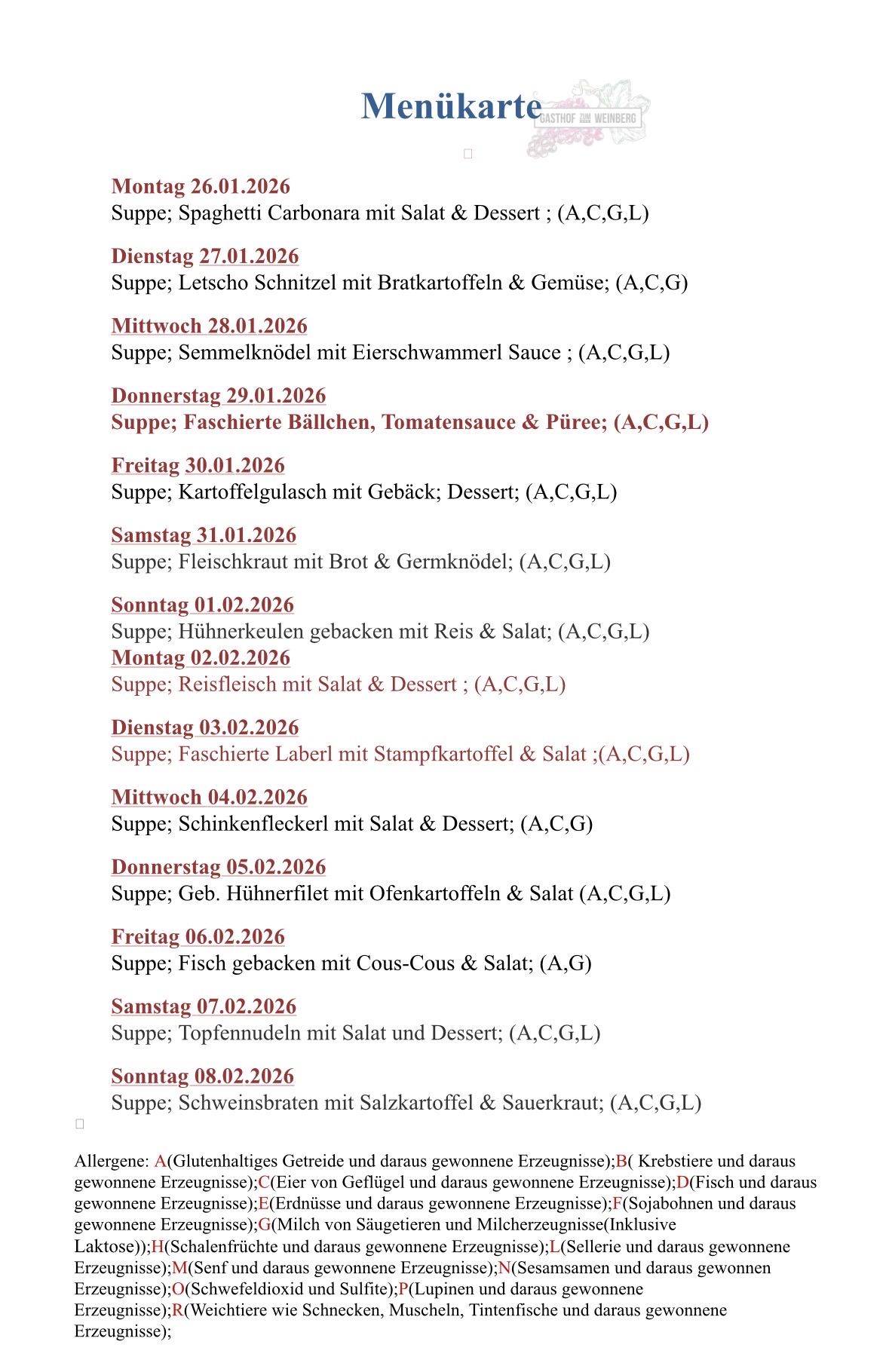 Ein Speiseplan vom 27.01.2026 bis 08.02.2026 listet Suppen mit verschiedenen Zutaten und Beilagen auf, darunter Gemüse und Fleisch.