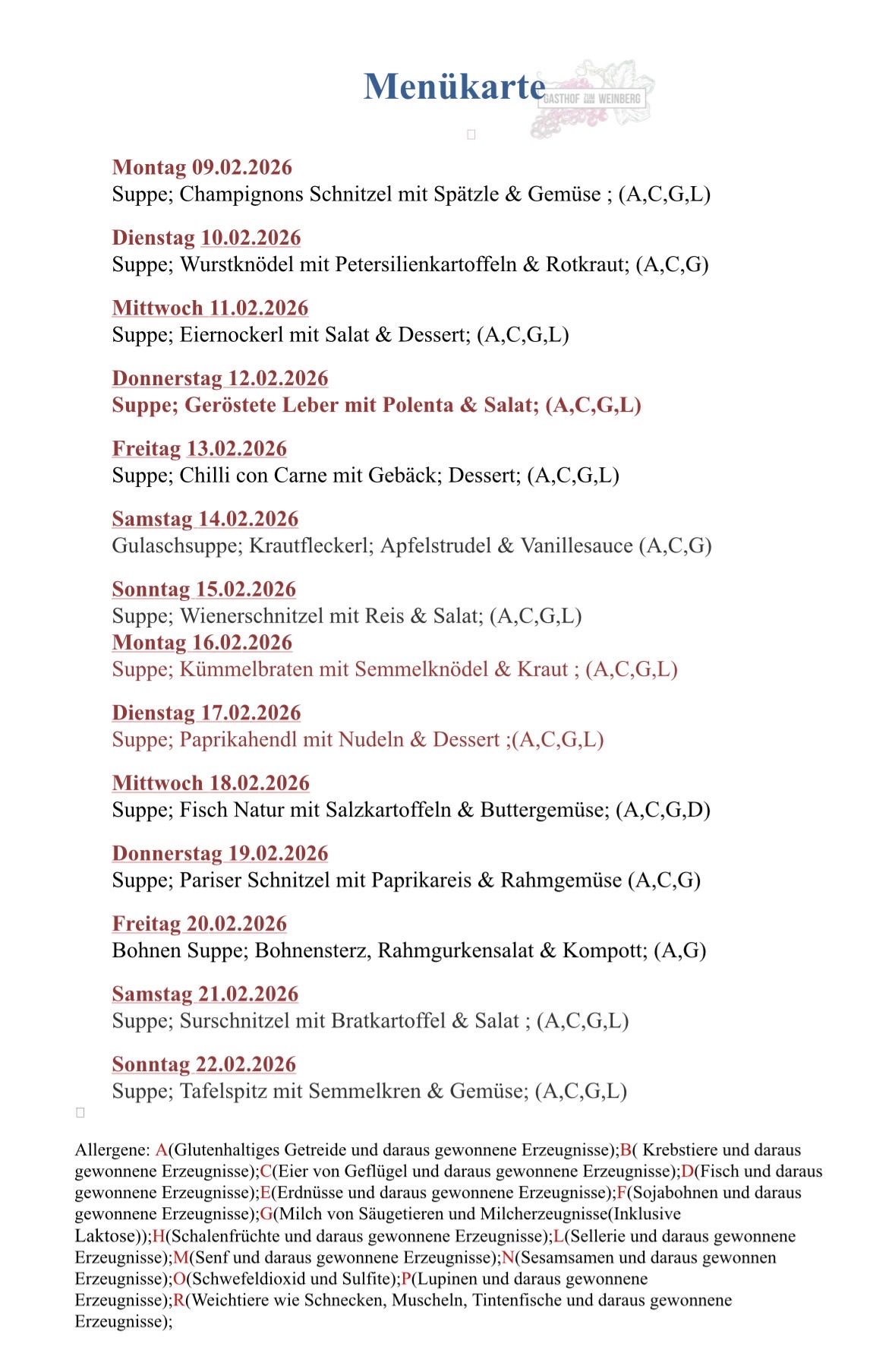 Weekly menu: Soups, meats, and vegetables, with dates from February 10 to February 22, 2026. Each dish specifies dietary restrictions.