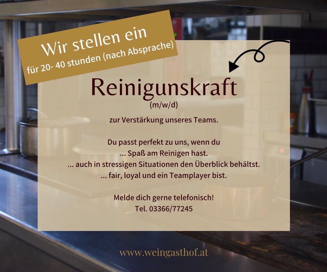 Eine Anzeige für ein Reinigungsteam, die Bewerbungen für eine männliche oder weibliche Position einlädt. Es verspricht einen Zeitplan von 20-40 Stunden nach einem Termin. Kontaktieren Sie telefonisch oder besuchen Sie die Website.