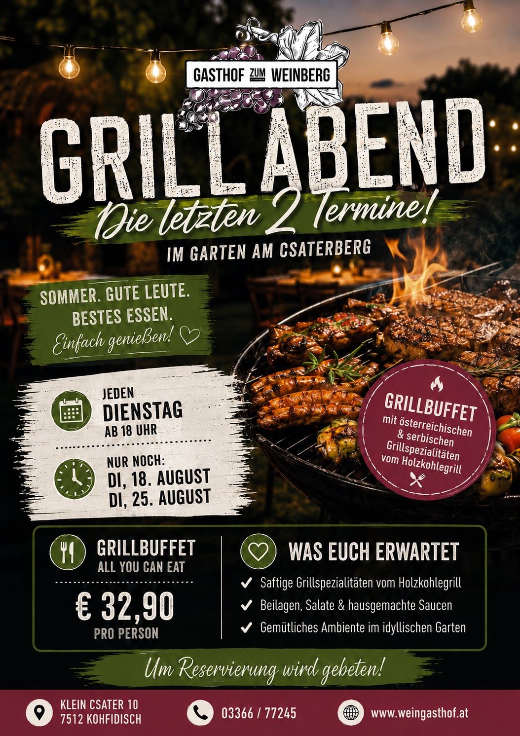 Poster for a grill evening event at Csaterburg. It features grilled meat, vegetables, and a price of 32.90 euros. The event is on Tuesdays at 6 PM, with the last dates being August 18 and 25.