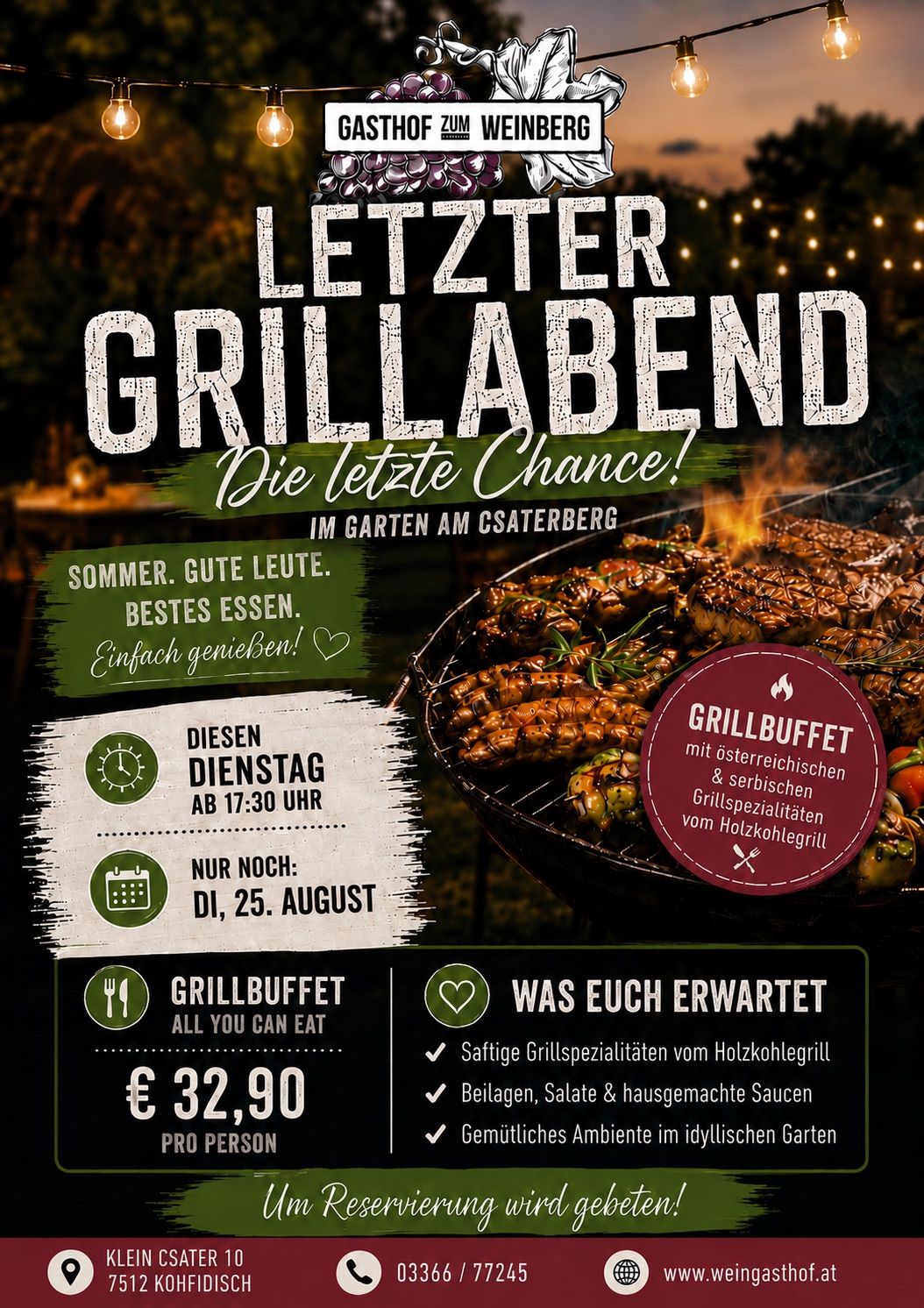 Ein Plakat für den letzten Grillabend der Sommersaison mit gegrilltem Fleisch, einem Buffet und einem Preis von 32,90 Euro. Die Veranstaltung findet am Dienstag, den 25. August um 17:30 Uhr statt.