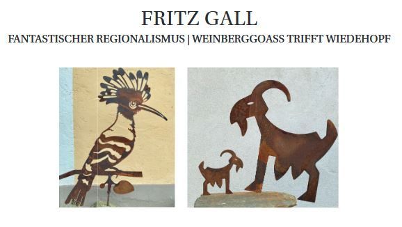 Ein Werbebild für die Kunst von Fritz Gall. Es zeigt zwei Bilder: einen Vogel mit langem Schnabel und einen Ziegenbock mit Widderhaltung, beide in Silhouette.