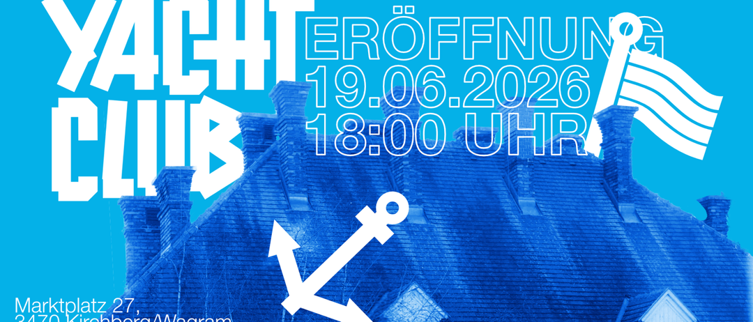 Ein Plakat für eine Nachtveranstaltung am 19. Juni 2026 um 18 Uhr. Es zeigt ein Haus und einen Anker. Das Plakat ist blau.
