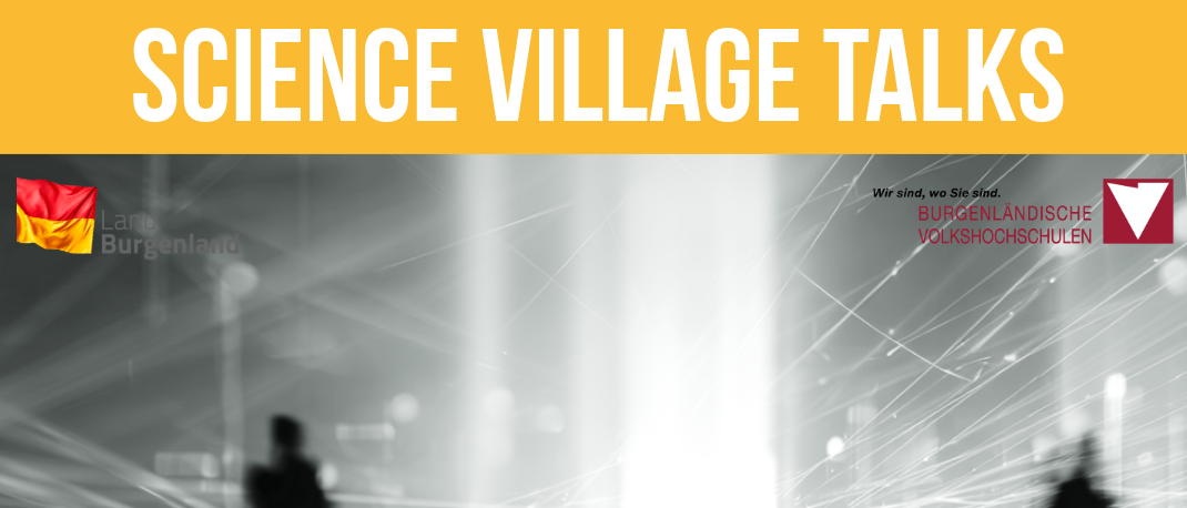 Ein Werbeplakat für Science Village Talks. Eine verschwommene Menschenmenge läuft in einer futuristischen Stadtlandschaft. Datum: 13.01.2026, Zeit: 19:00. Redner: Dr. Norbert Frischauf. Thema: Technologische Entwicklungen: Chancen & Gefahren.