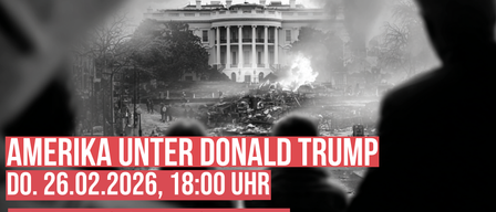 Veranstaltungsposter für einen Themenabend mit Mag.a Hannelore Veit, MA über Amerika unter Donald Trump. Der Termin ist am 26.02.2026, 18:00 Uhr. Ort: Evangelisches Gemeindezentrum Gols. Anmeldung erforderlich.