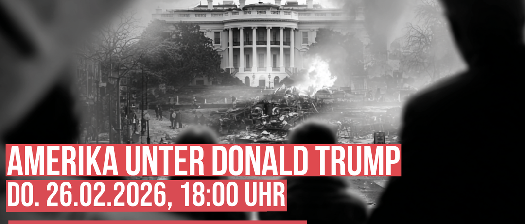 Veranstaltungsposter für einen Themenabend mit Mag.a Hannelore Veit, MA über Amerika unter Donald Trump. Der Termin ist am 26.02.2026, 18:00 Uhr. Ort: Evangelisches Gemeindezentrum Gols. Anmeldung erforderlich.