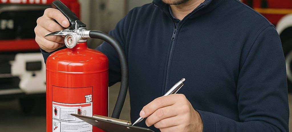 Ein Mann in einem blauen Pullover überprüft einen Feuerlöscher, mit einem roten Feuerwehrauto dahinter. Der Text lautet 'FEUERLÖSCHERÜBERPRÜFUNG AM 25.10.2025 VON 10:00 - 12:00 UHR.'
