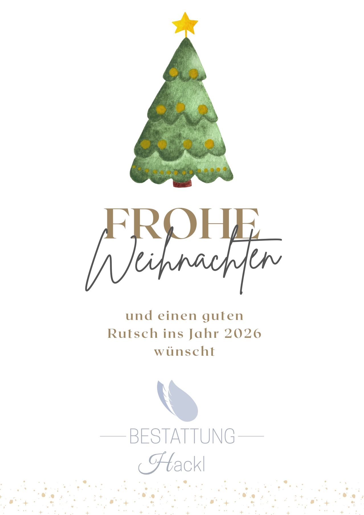 Ein Weihnachtsbaum mit gelben Ornamenten steht auf weißem Hintergrund mit 'Frohe Weihnachten' in Goldschrift. Darunter wünscht eine Nachricht einen friedlichen Start ins Jahr 2026. Ein abstraktes Federdesign rundet das festliche Thema ab.