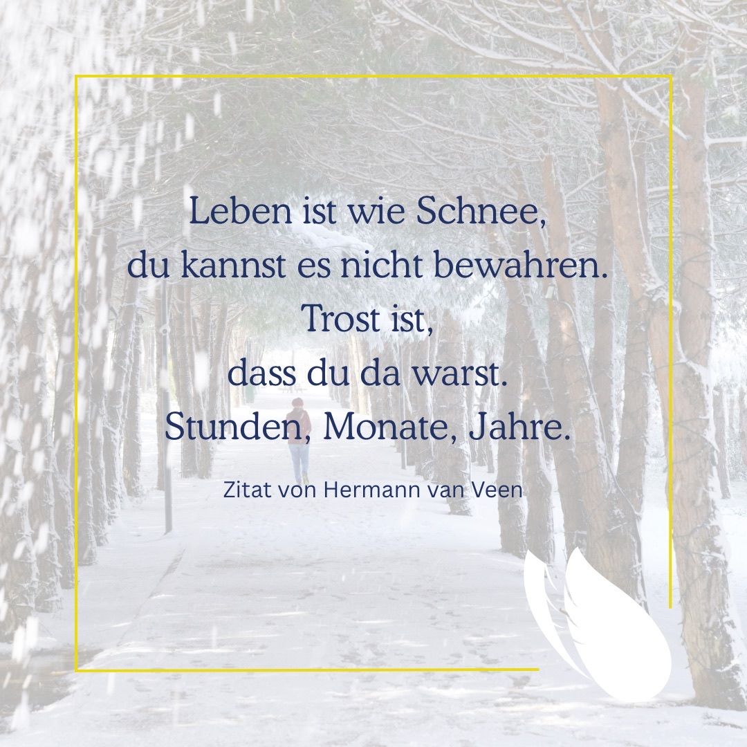 Eine Person geht einen verschneiten Pfad zwischen Bäumen, mit einem Zitat von Hermann van Veen in blauem Text.