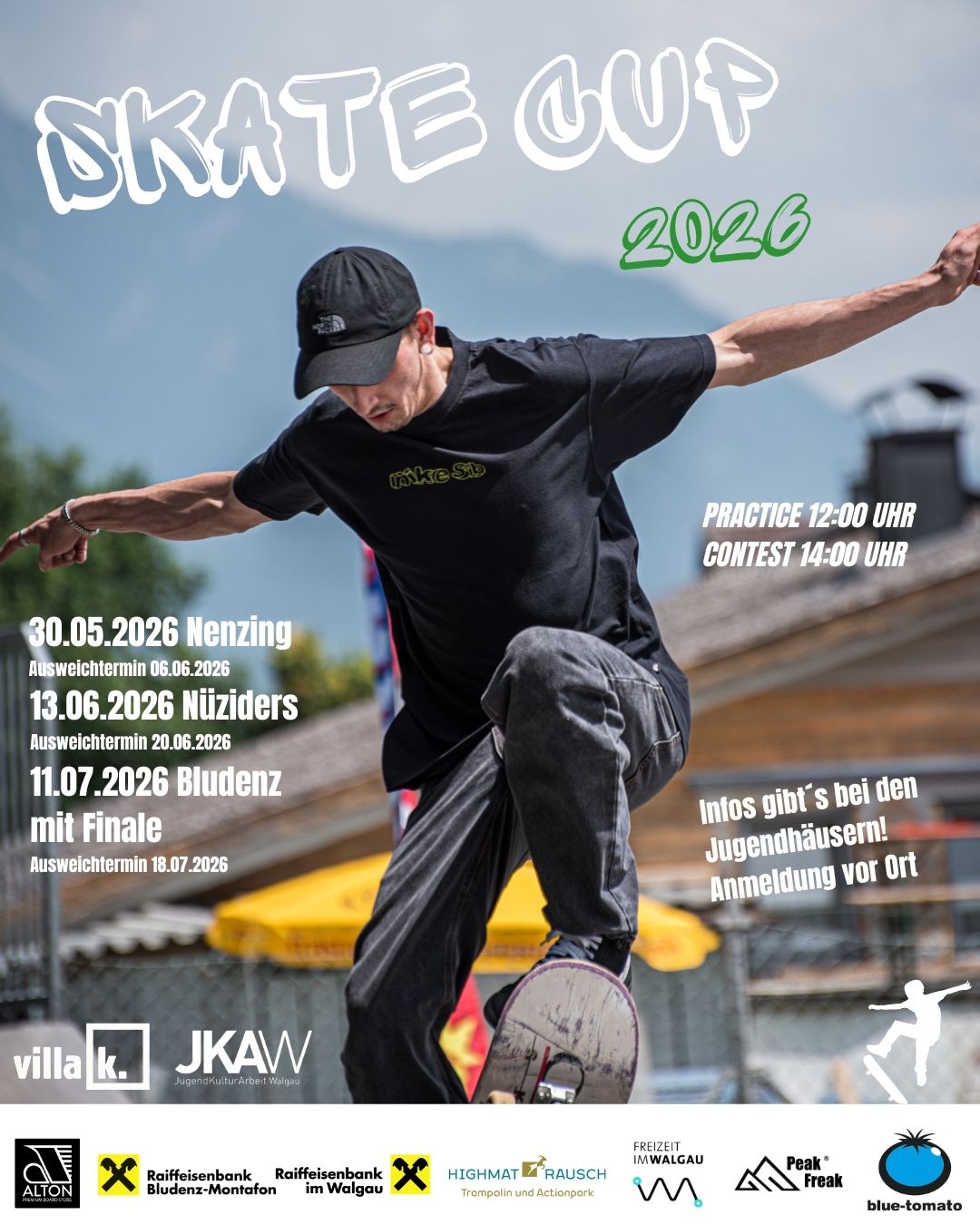 Skate cup 2026 with practice and contest dates. The event is in Nenzing, Bludenz, and Nüziders. Registration is at youth centers.