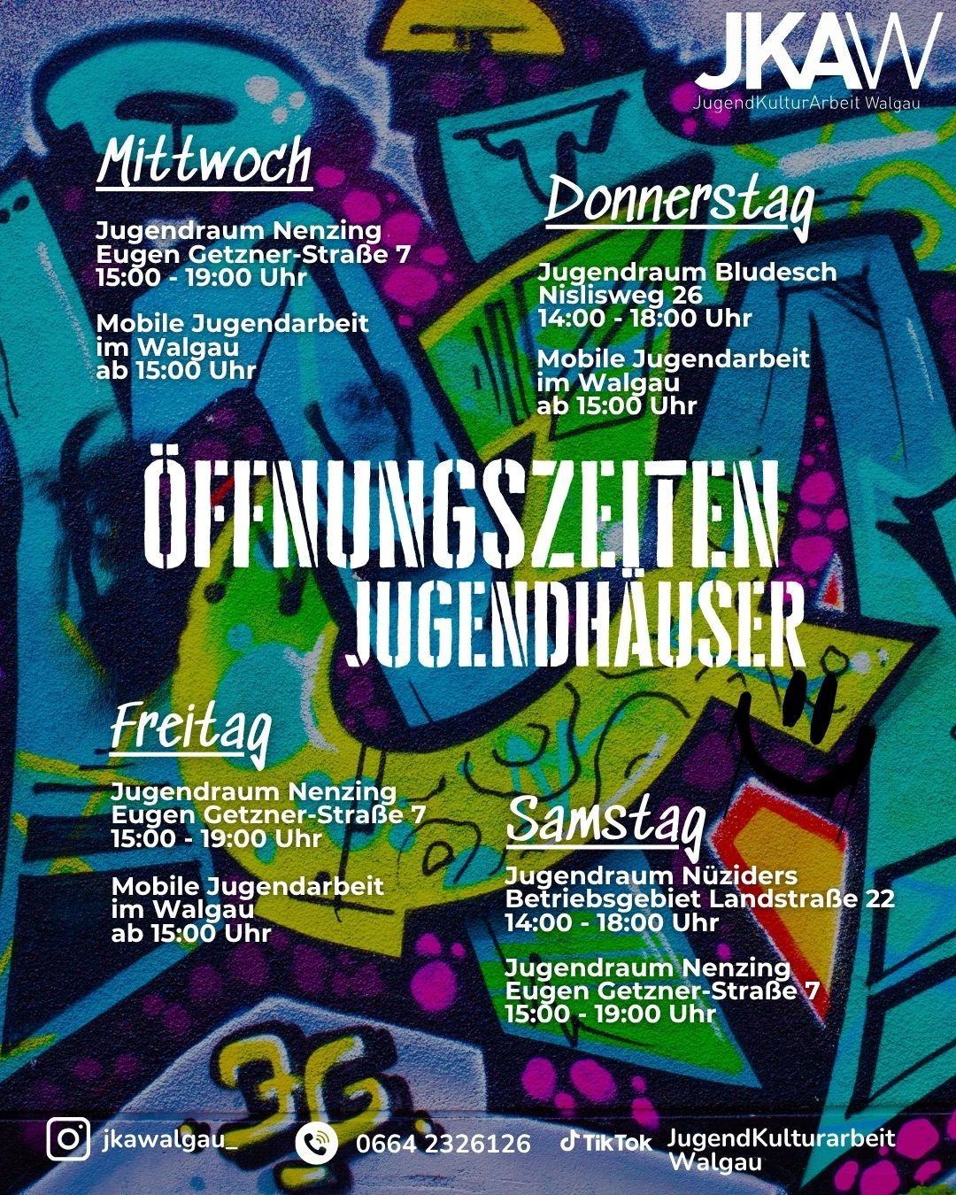 The image shows the opening hours for various youth centers. Wednesdays and Fridays, Jugendraum Nenzing is open from 3:00 PM to 7:00 PM. Thursdays, it is open from 2:00 PM to 6:00 PM. Saturdays, Jugendraum Nenzing and Jugendraum Nüdörs are open from 3:00 PM to 7:00 PM.