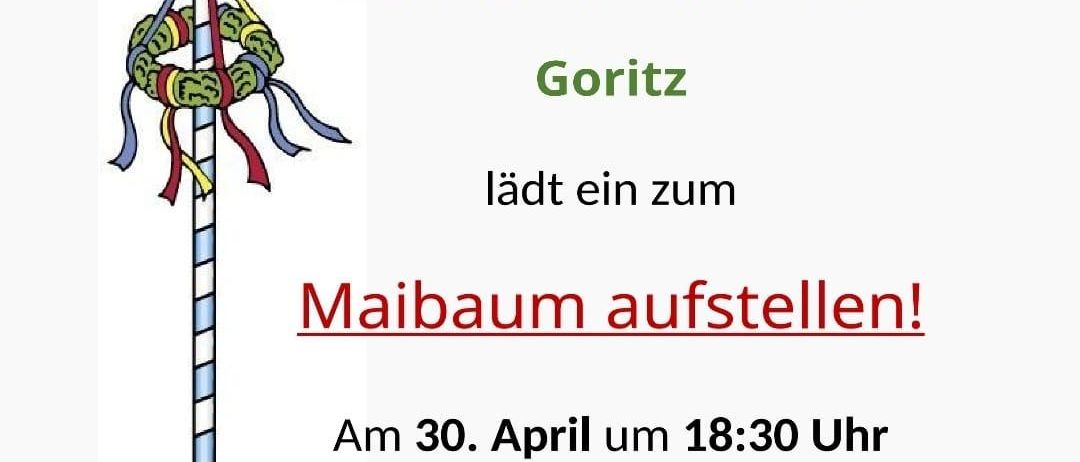 Poster für den deutschen Musikverein in Goritizia, Italien. Es zeigt einen Maibaum und lädt Mitglieder ein, sich am 30. April um 18:30 Uhr in der Musikhalle zu treffen.