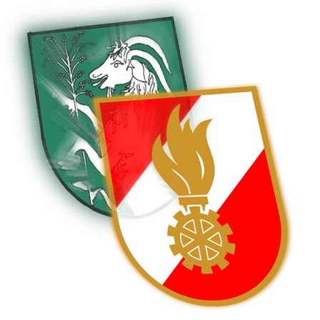 Ein grüner Schild mit einem Widder und einem Baum sowie ein rot-weißer Schild mit Zahnrad und Flamme.