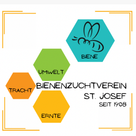 Ein Poster mit Hexagonen. 'Biene' steht in einem Hexagon, 'Umwelt', 'Ernte' und 'Tracht' in anderen Hexagonen. 'Bienenzuchtverein St. Josef' und 'seit 1908' sind ebenfalls geschrieben.