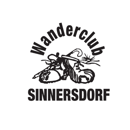 Das Wanderclub Sinnersdorf Logo zeigt einen Wanderschuh mit Hut, Kürbis und einem Blatt. Der Text Wanderclub ist in kursiver Schrift über dem Schuh geschrieben. Unter dem Schuh steht das Wort Sinnersdorf in fetten Buchstaben.