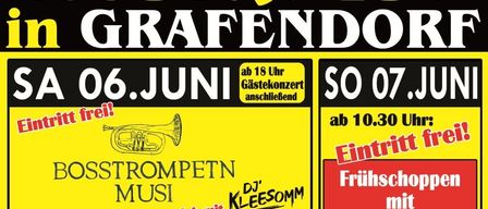 Music festival Grafendor, June 6th, free entry, starts at 6pm. June 7th, DJ Kleesoom, starts at 10:30am. Brass band and disco. Sponsors include Bohrfuchs and Evon Smart Home.