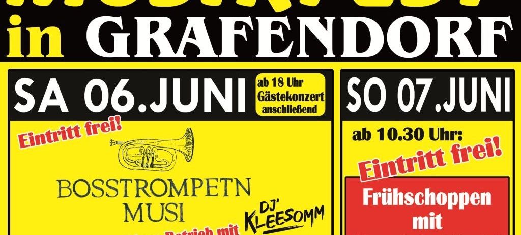 Musikfest Grafendor, 6. Juni, Eintritt frei, Beginn 18 Uhr. 7. Juni, DJ Kleesoom, Beginn 10:30 Uhr. Brass Band und Disco. Sponsoren: Bohrfuchs und Evon Smart Home.