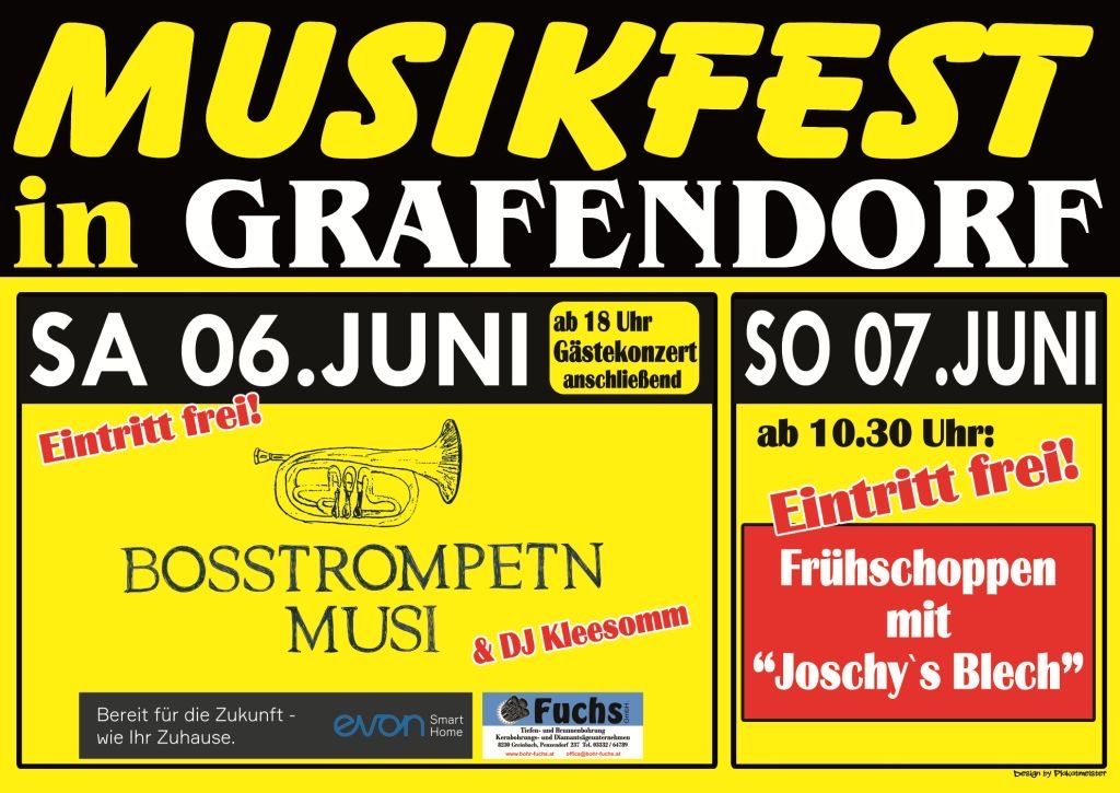 Musikfest Grafendorf am 6. Juni. Trompetenmusik und DJ Klessomm. Eintritt frei.