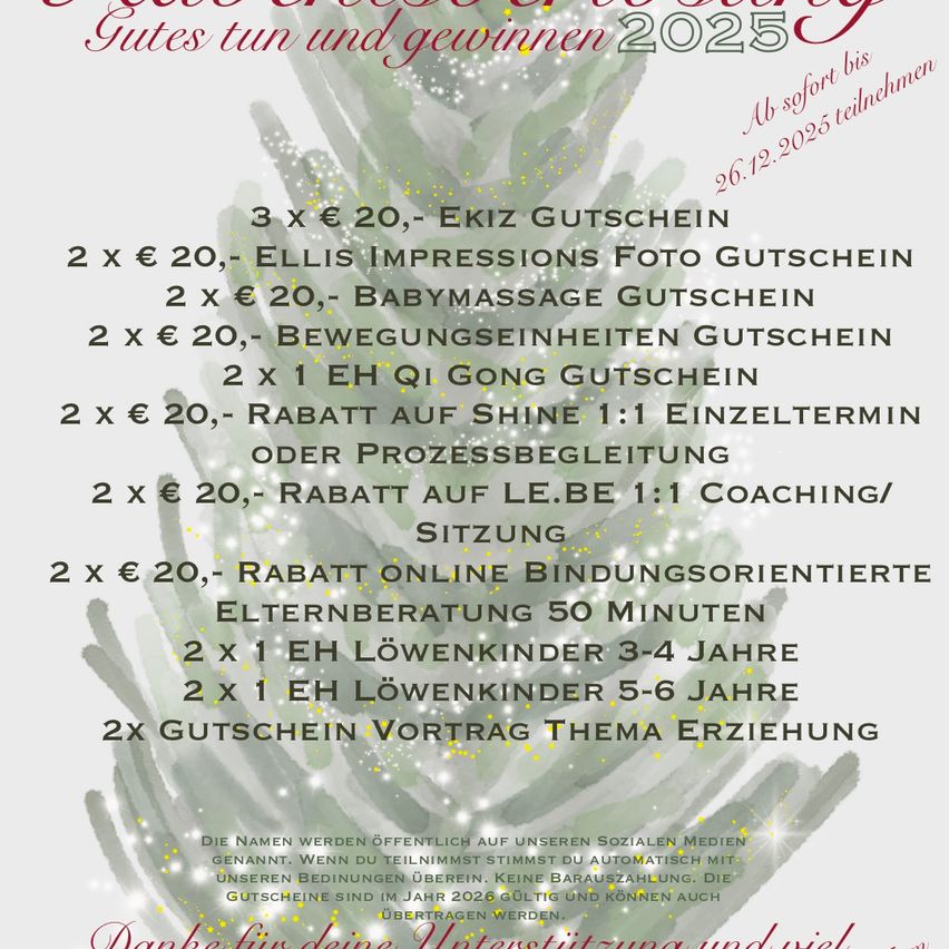 Poster announces a giveaway with various prizes like vouchers and sessions for different services, including baby massage and coaching. Entries are open until December 26, 2025. Winners will be announced on social media.