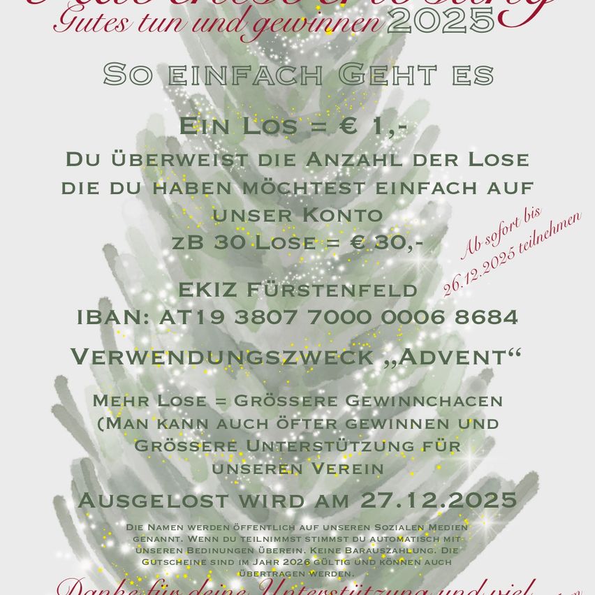An image with a white background and green tree branches displays text for a donation campaign. It reads 'Do good and win 2025'. One entry equals €1, with participants choosing the number of entries. More entries mean higher chances to win and greater support for the organization. Names will be announced publicly on social media. Conditions apply.