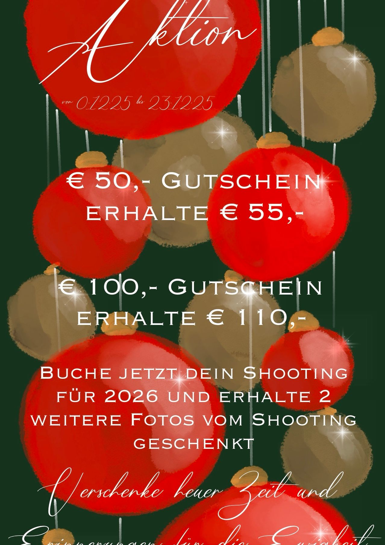 An advertisement features multiple red and brown ornaments. Text offers a €50 voucher for a €55 purchase, €100 voucher for €110, and a free photo shoot booking. Date range is 01/22/25 to 23/12/25.
