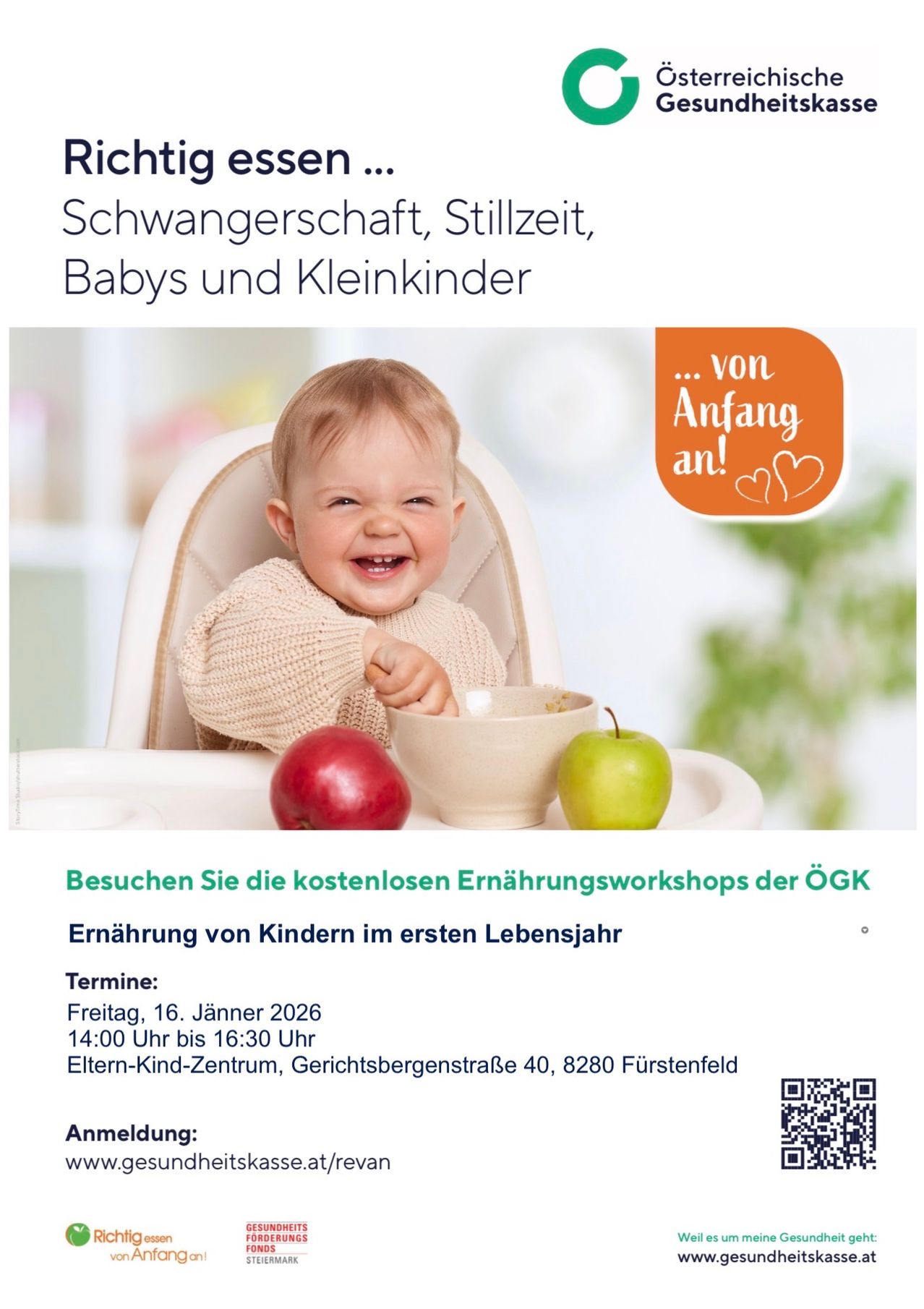 Poster mit einem lächelnden Baby im Hochstuhl, das eine Schüssel mit Äpfeln hält, Text lautet 'Besuchen Sie die kostenlosen Ernährungsworkshops der ÖGK'. Datum und Uhrzeit: Freitag, 16. Jänner 2026, 14-16:30 Uhr, Eltern-Kind-Zentrum, Gerichtsbergstrasse 40, 8280 Fürstenfeld. QR-Code enthalten.