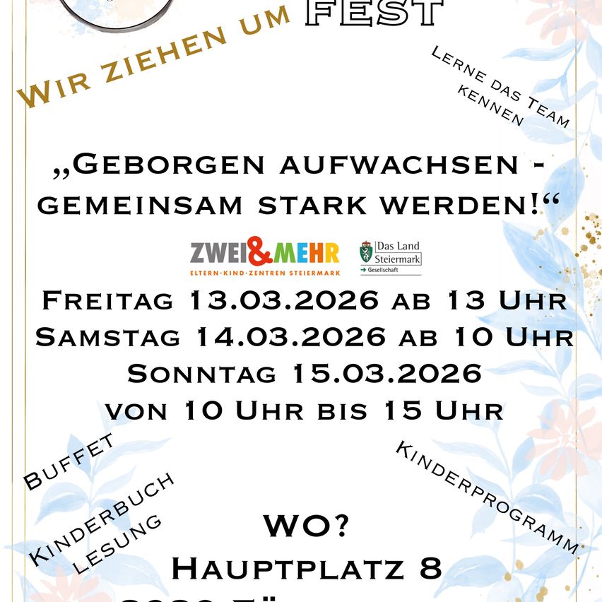Event poster for 'We Draw Together' festival in 2026. Dates: Fri 13th, Sat 14th, Sun 15th. Times: Fri 1-3pm, Sat 10am-1pm, Sun 10am-3pm. Location: Hauptplatz 8. Theme: 'Born to Grow - Together We Grow Strong!'. Features logos and sponsors.