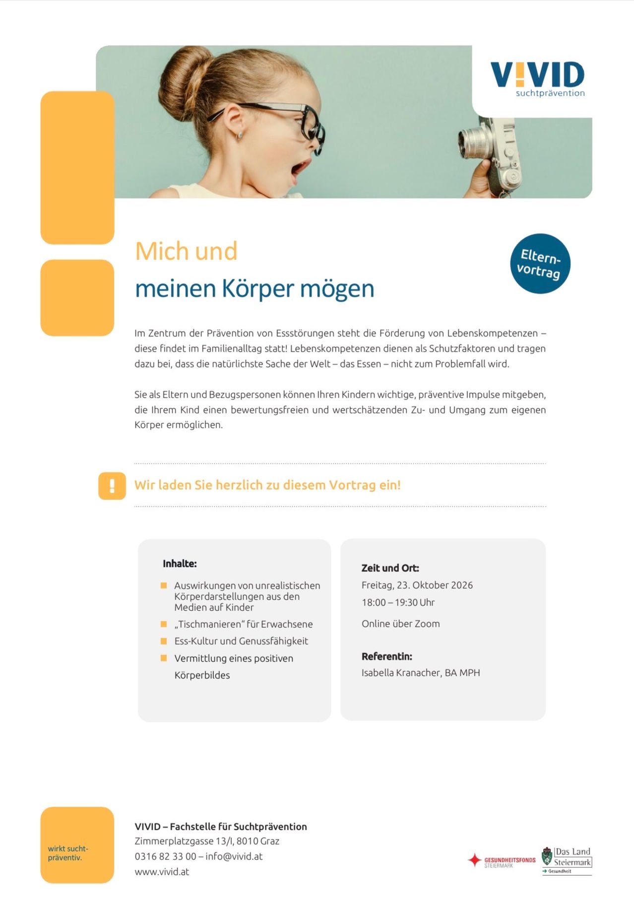 Ein Flyer mit einem Bild eines Kindes und Text über einen Vortrag zu Essstörungen und Körperbild. Es enthält Details wie Datum, Uhrzeit und Referent.