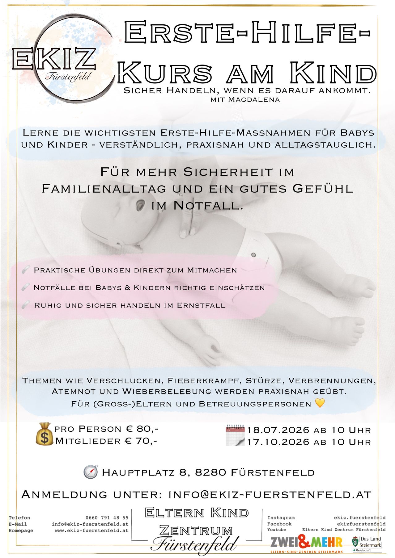 Ein Flyer für einen Erste-Hilfe-Kurs für Babys und Kinder, mit einer Baby-Puppe und einer Liste von Themen wie Verschlucken, Fieberkrampf, Stürze, Verbrennungen, Atemnot und Wiederbelebung. Der Kurs wird von Magdalena geleitet und beinhaltet praktische Übungen. Die Termine und Preise sind ebenfalls aufgeführt.