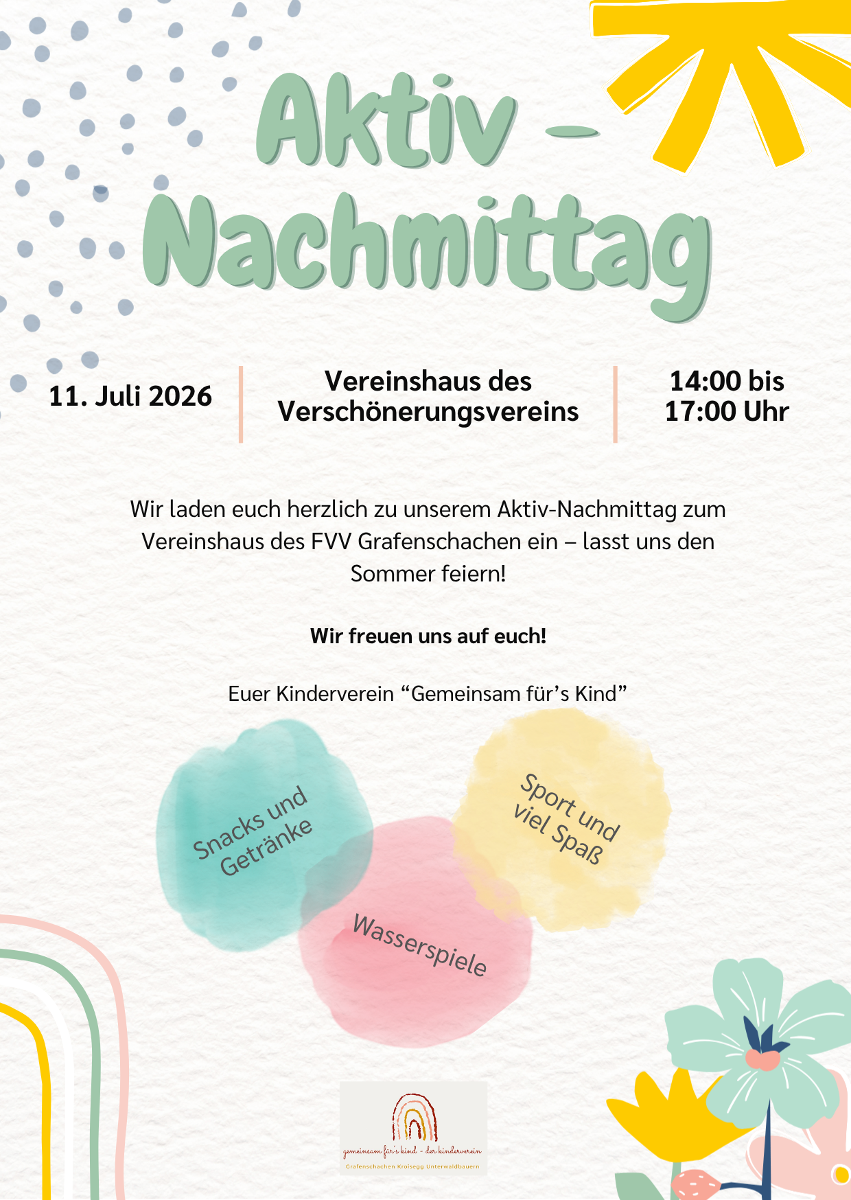 An invitation for an active afternoon at the FVV Grafenschachen's clubhouse on July 11, 2026, from 2 PM to 5 PM, featuring snacks, drinks, sports, and water games.