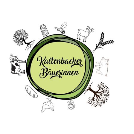 Illustrationen von Bauernhoftieren und Pflanzen umgeben einen grünen Kreis mit den Worten 'Kattenbacherinnen'. Elemente umfassen eine Ziege, eine Kuh, ein Schwein, einen Baum, eine Biene und einen Milchkarton.