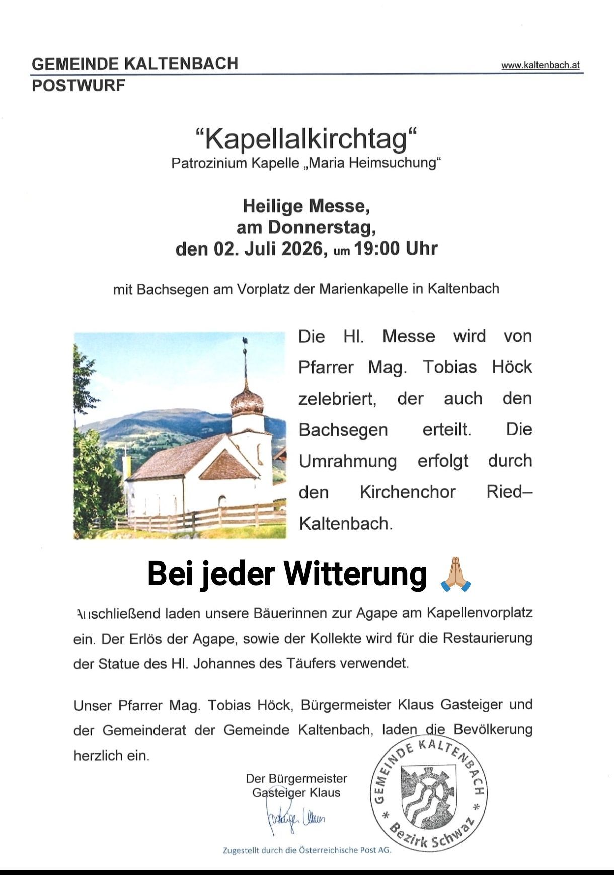 Das Bild zeigt eine Veranstaltungsankündigung für die 'Kapellkirche' in Kaltenbach, Deutschland, geplant für den 2. Juli 2026. Es zeigt eine Kirche, ein Datum und Details zur Veranstaltung.
