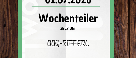 Plakat für eine Wochenveranstaltung am 01.07.2026. Es zeigt das Logo des Steinfeld Zentrums und Text auf Deutsch. Die Veranstaltung ist ein BBQ Ripperl, Beginn um 17 Uhr. Reservierungen können unter 0664-200 1524 oder über steinfeld-zentrum.at vorgenommen werden. Der Preis beträgt 8,90 Euro.