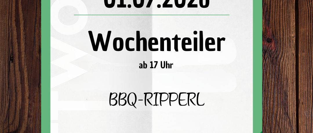 Plakat für eine Wochenveranstaltung am 01.07.2026. Es zeigt das Logo des Steinfeld Zentrums und Text auf Deutsch. Die Veranstaltung ist ein BBQ Ripperl, Beginn um 17 Uhr. Reservierungen können unter 0664-200 1524 oder über steinfeld-zentrum.at vorgenommen werden. Der Preis beträgt 8,90 Euro.