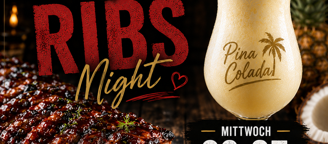 Werbung für Cocktails & Ribs Night im Zentrum mit einem Teller Ribs in Sauce, einem Pina-Colada-Getränk und einer entspannten Atmosphäre. Datum: Mittwoch, 22. Juli, ab 18 Uhr.