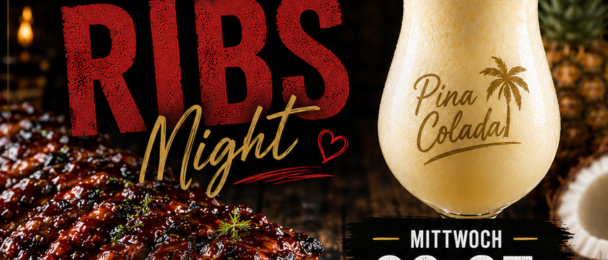 Werbung für Cocktails & Ribs Night im Zentrum mit einem Teller Ribs in Sauce, einem Pina-Colada-Getränk und einer entspannten Atmosphäre. Datum: Mittwoch, 22. Juli, ab 18 Uhr.