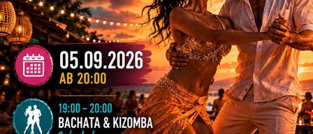 Ein Plakat für Salsa & Bachata Night am 05.09.2026, das ein Paar zeigt, das am Strand tanzt, mit einem Sonnenuntergang im Hintergrund. Das Plakat enthält Details über die Veranstaltungszeit, den Ort und die Musik von DJ Fenzilito.