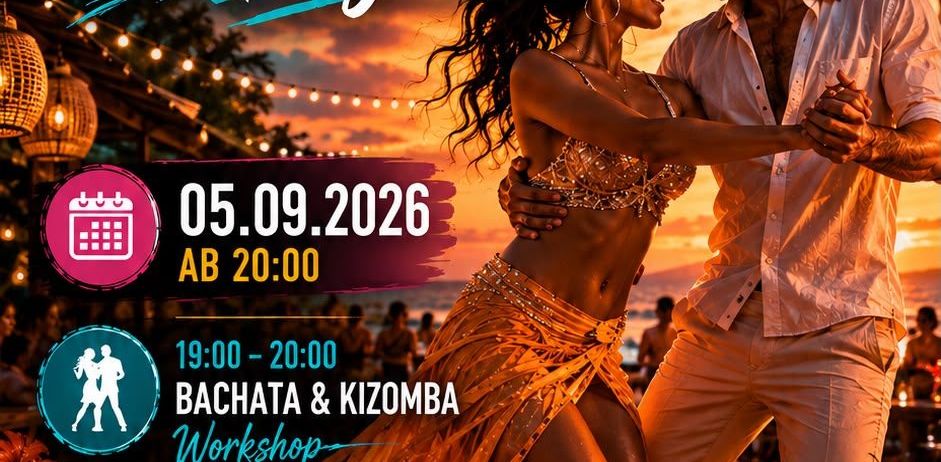 Ein Plakat für Salsa & Bachata Night am 05.09.2026, das ein Paar zeigt, das am Strand tanzt, mit einem Sonnenuntergang im Hintergrund. Das Plakat enthält Details über die Veranstaltungszeit, den Ort und die Musik von DJ Fenzilito.