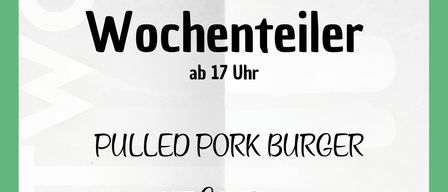Ein Plakat, das eine Pulled Pork Burger Veranstaltung am 9. September 2026 ab 17 Uhr ankündigt, mit einer Reservierungsnummer angegeben.